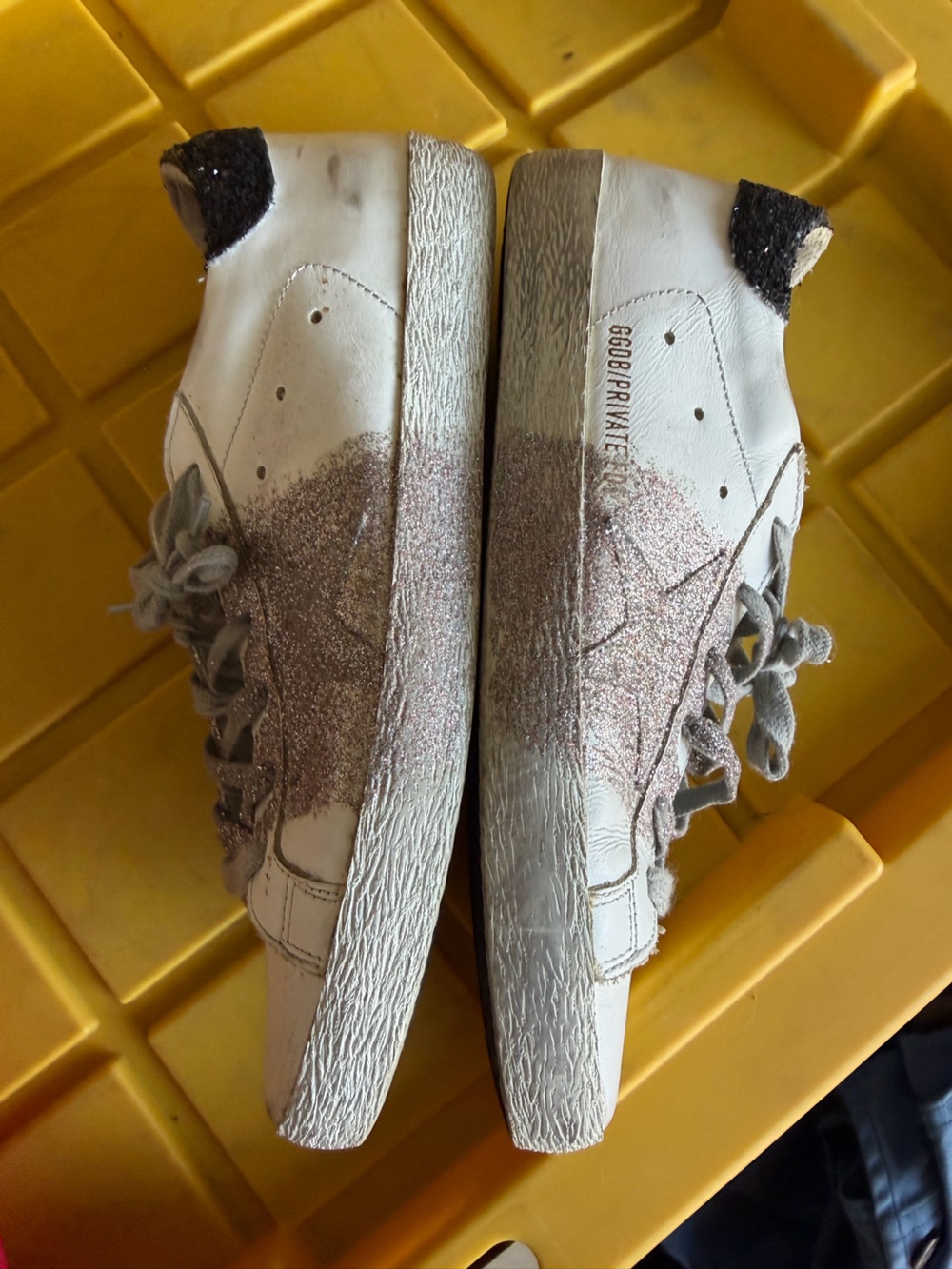 Golden Goose White Leather Sneakers with Rose Gold and Black Glitter